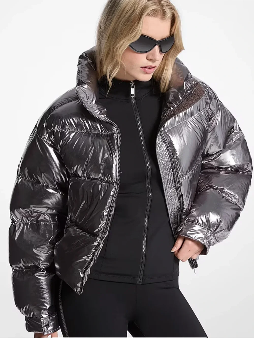 Michael Kors Metallic Nylon Ciré Puffer Jacket, size XL